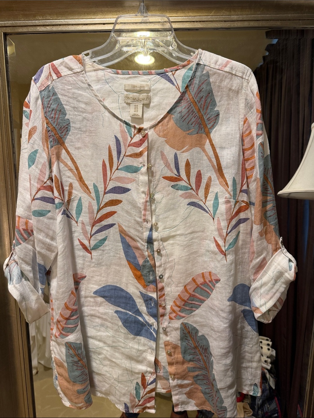 Cynthia Rowley White Linen Blouse with Multicolor Leaf Print 1X